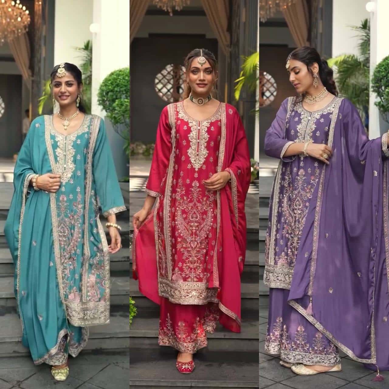 "Luxurious Heavy Chinnon Silk Embroidered Top, Plazzo & Dupatta Set"