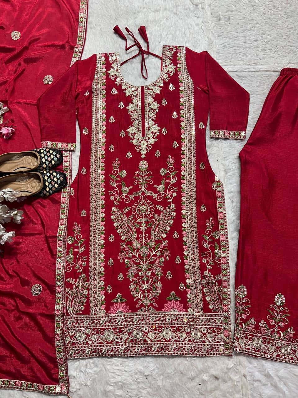 "Luxurious Heavy Chinnon Silk Embroidered Top, Plazzo & Dupatta Set"