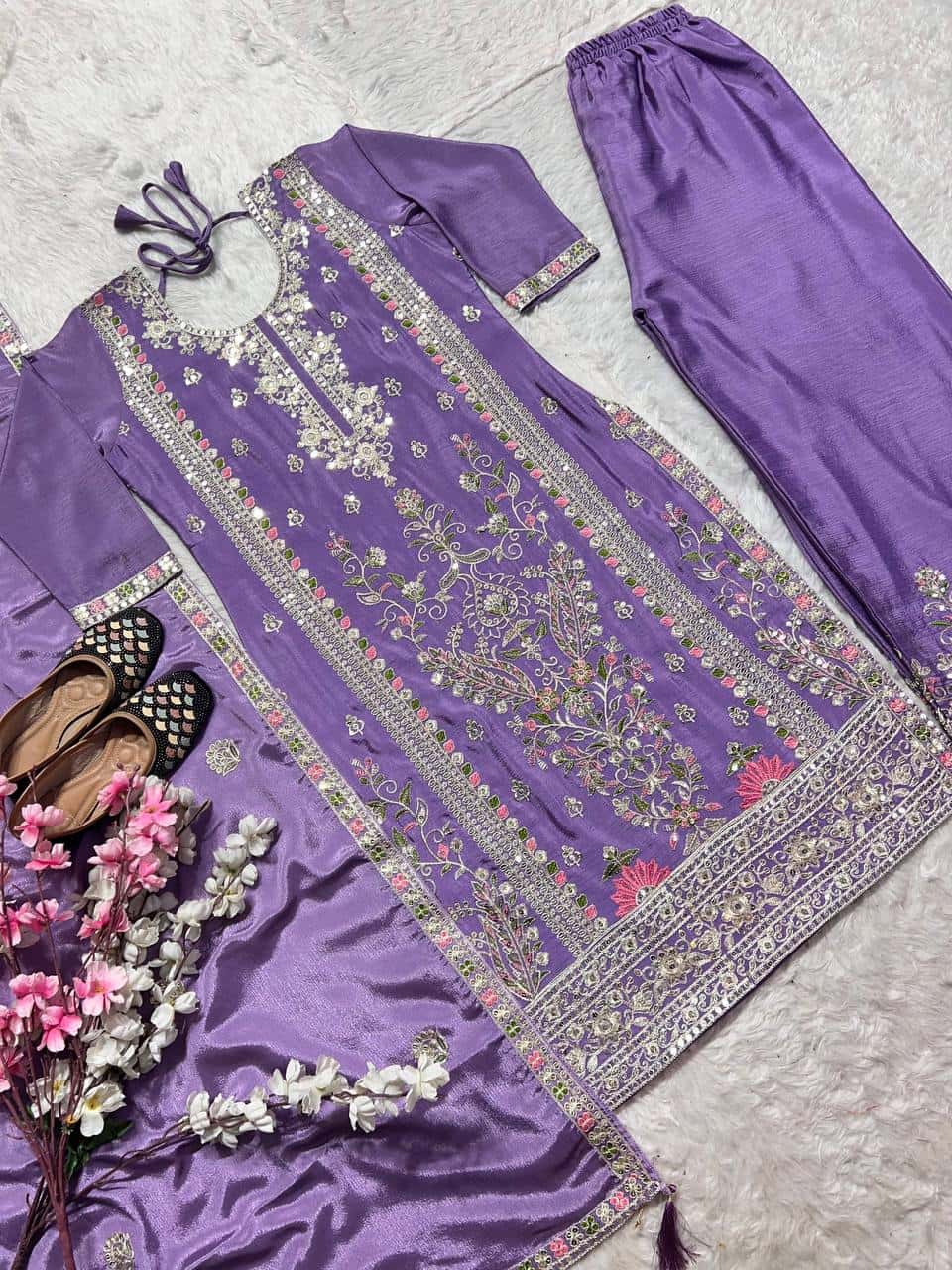 "Luxurious Heavy Chinnon Silk Embroidered Top, Plazzo & Dupatta Set"