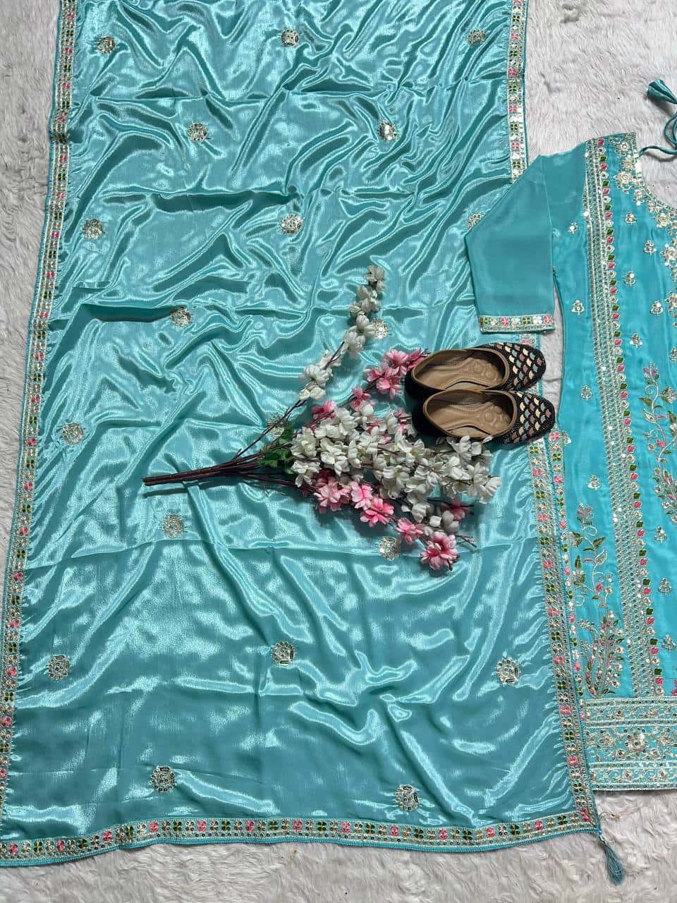 "Luxurious Heavy Chinnon Silk Embroidered Top, Plazzo & Dupatta Set"