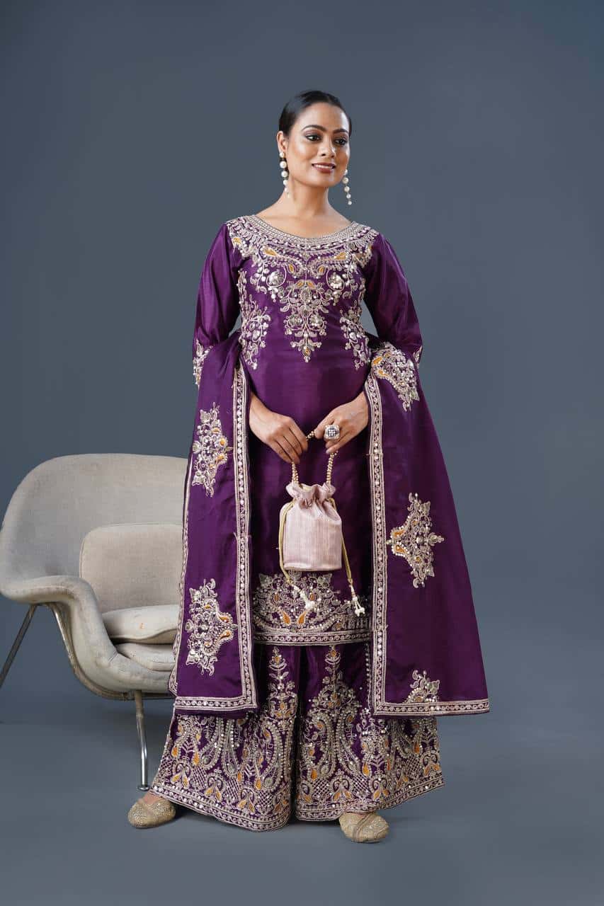 "Elegant Pure Chinnon Silk Embroidered Top, Plazzo & Dupatta Set"