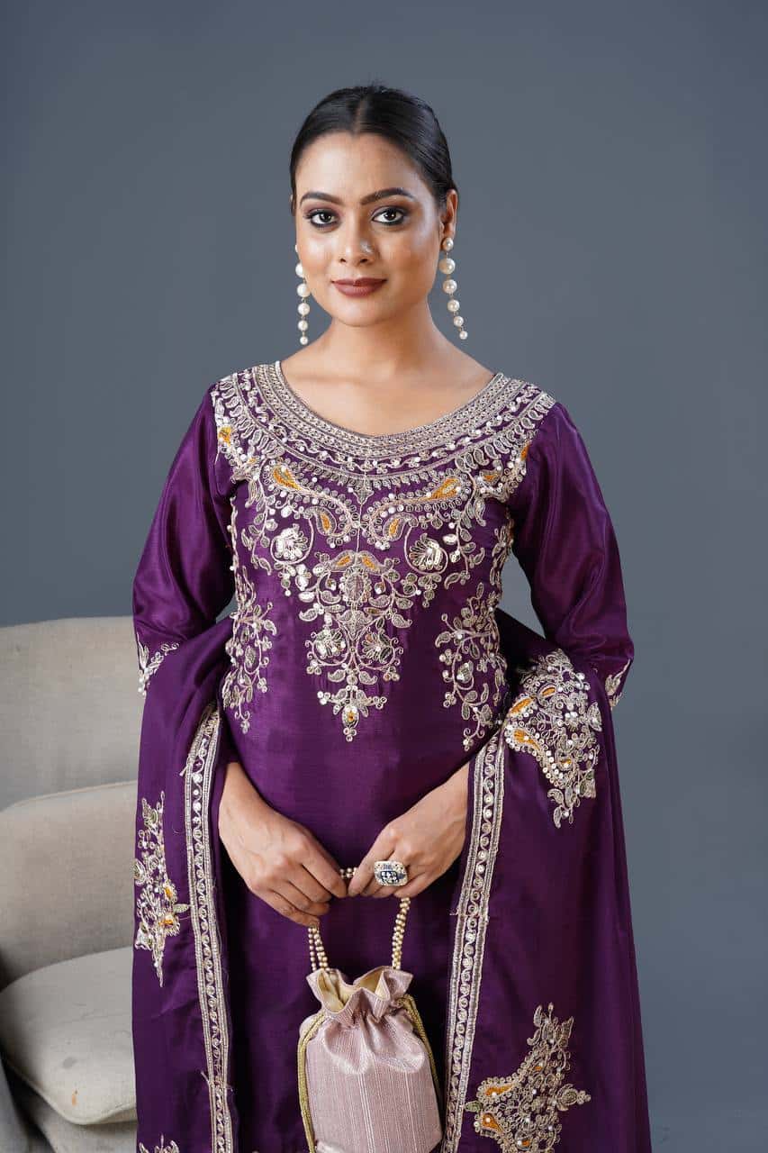 "Elegant Pure Chinnon Silk Embroidered Top, Plazzo & Dupatta Set"
