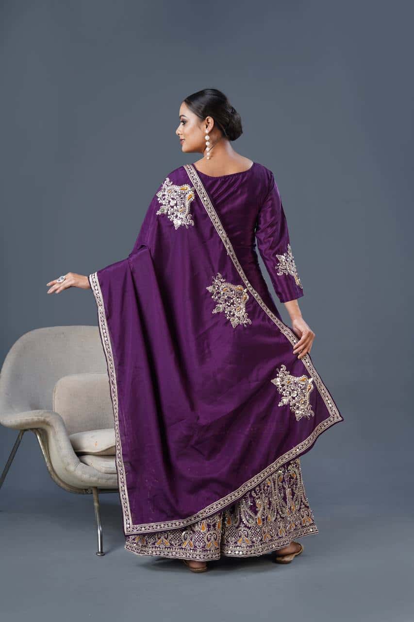 "Elegant Pure Chinnon Silk Embroidered Top, Plazzo & Dupatta Set"
