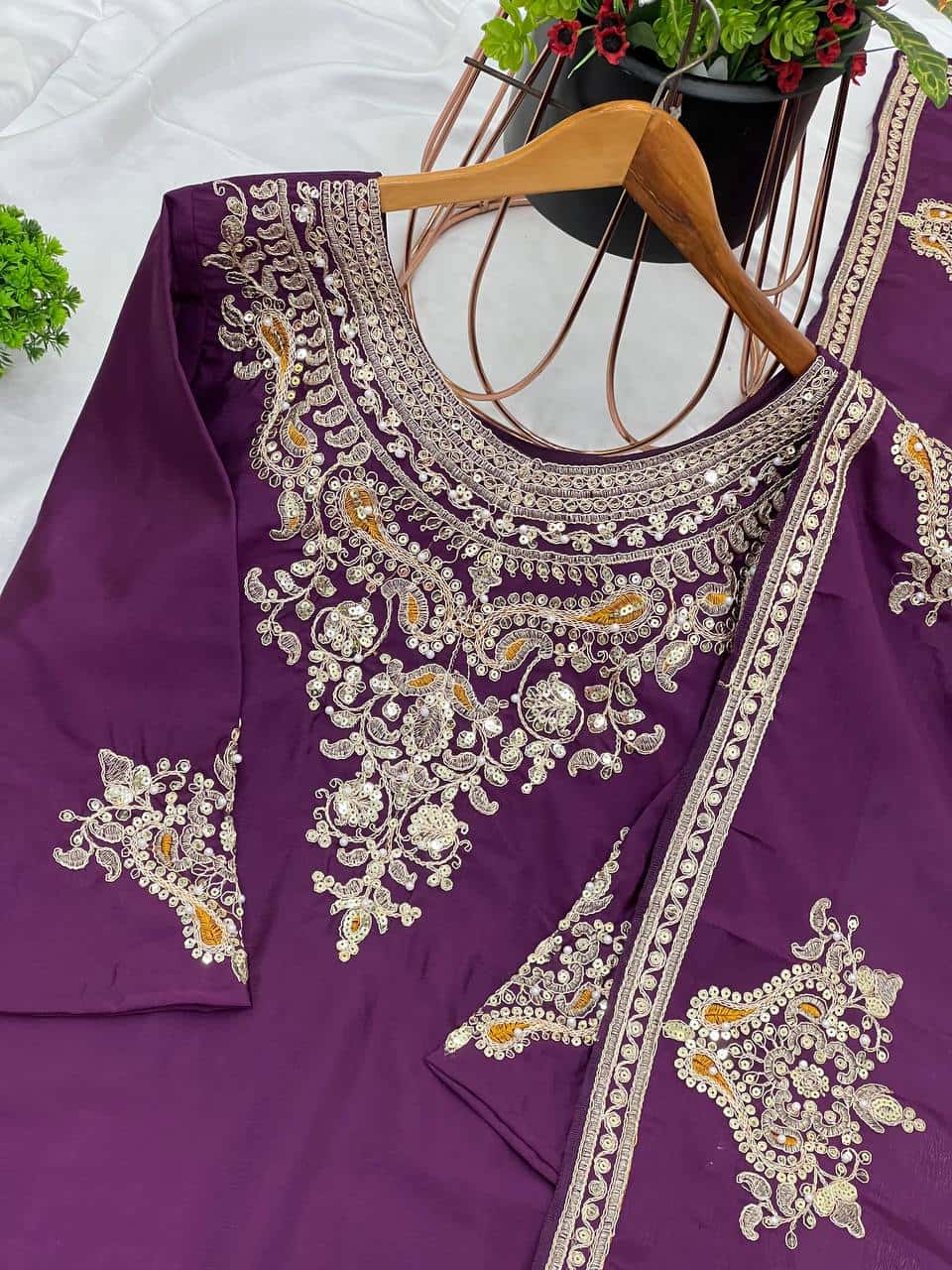 "Elegant Pure Chinnon Silk Embroidered Top, Plazzo & Dupatta Set"