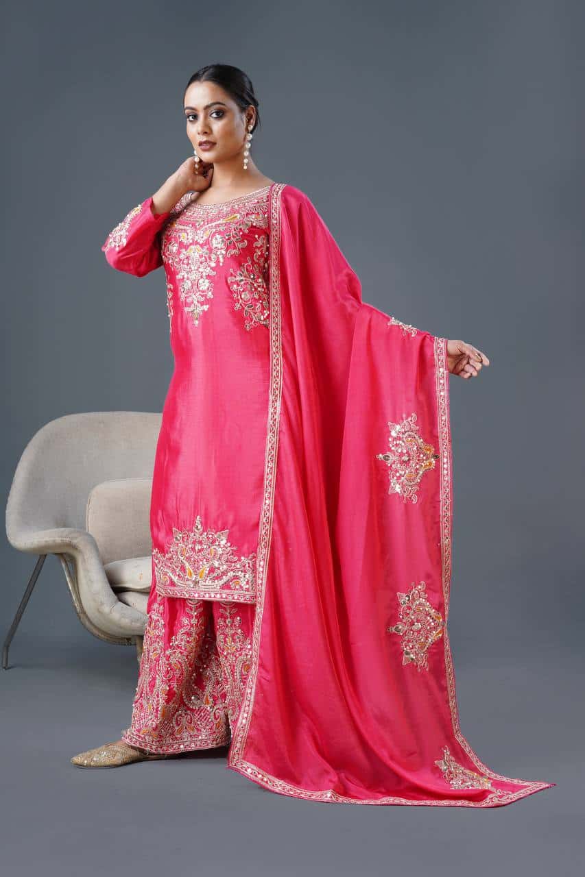 "Elegant Pure Chinnon Silk Embroidered Top, Plazzo & Dupatta Set"