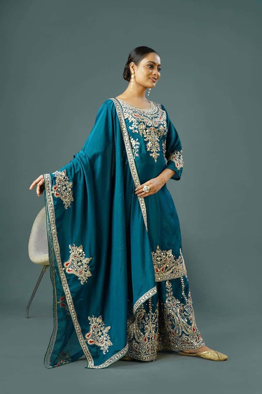 "Elegant Pure Chinnon Silk Embroidered Top, Plazzo & Dupatta Set"