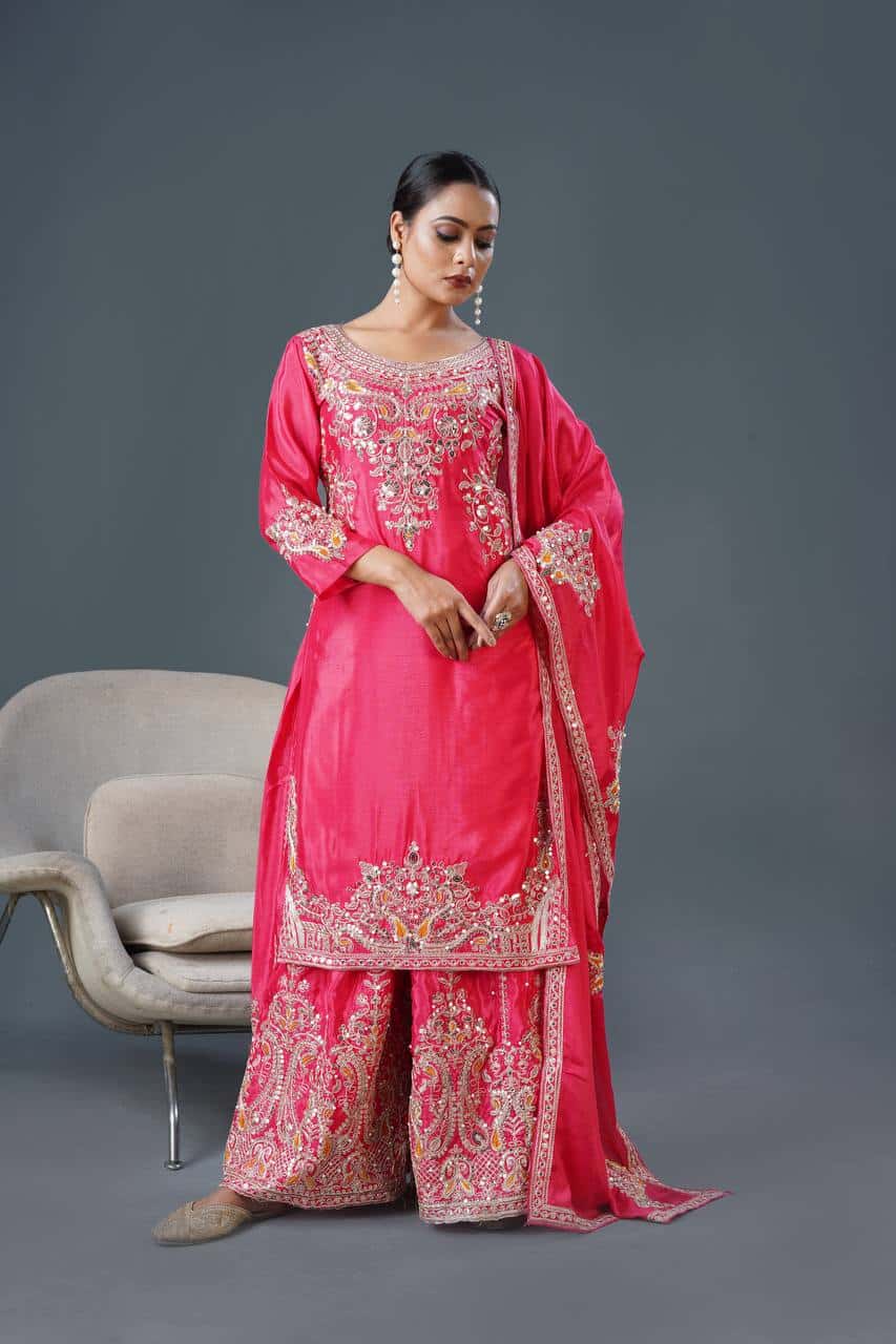 "Elegant Pure Chinnon Silk Embroidered Top, Plazzo & Dupatta Set"