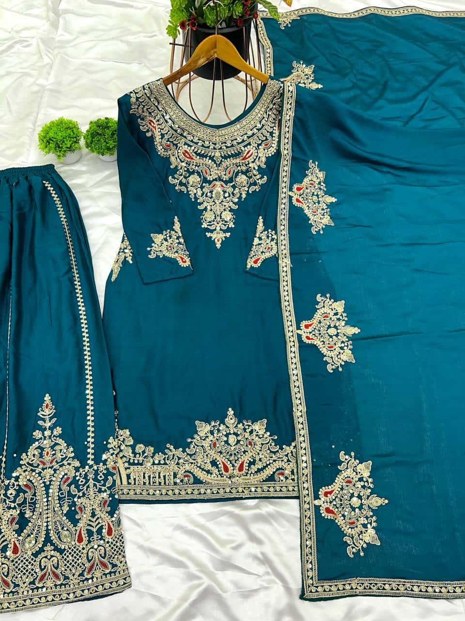 "Elegant Pure Chinnon Silk Embroidered Top, Plazzo & Dupatta Set"