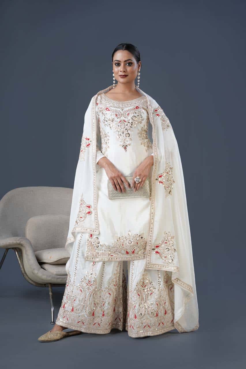 "Elegant Pure Chinnon Silk Embroidered Top, Plazzo & Dupatta Set"
