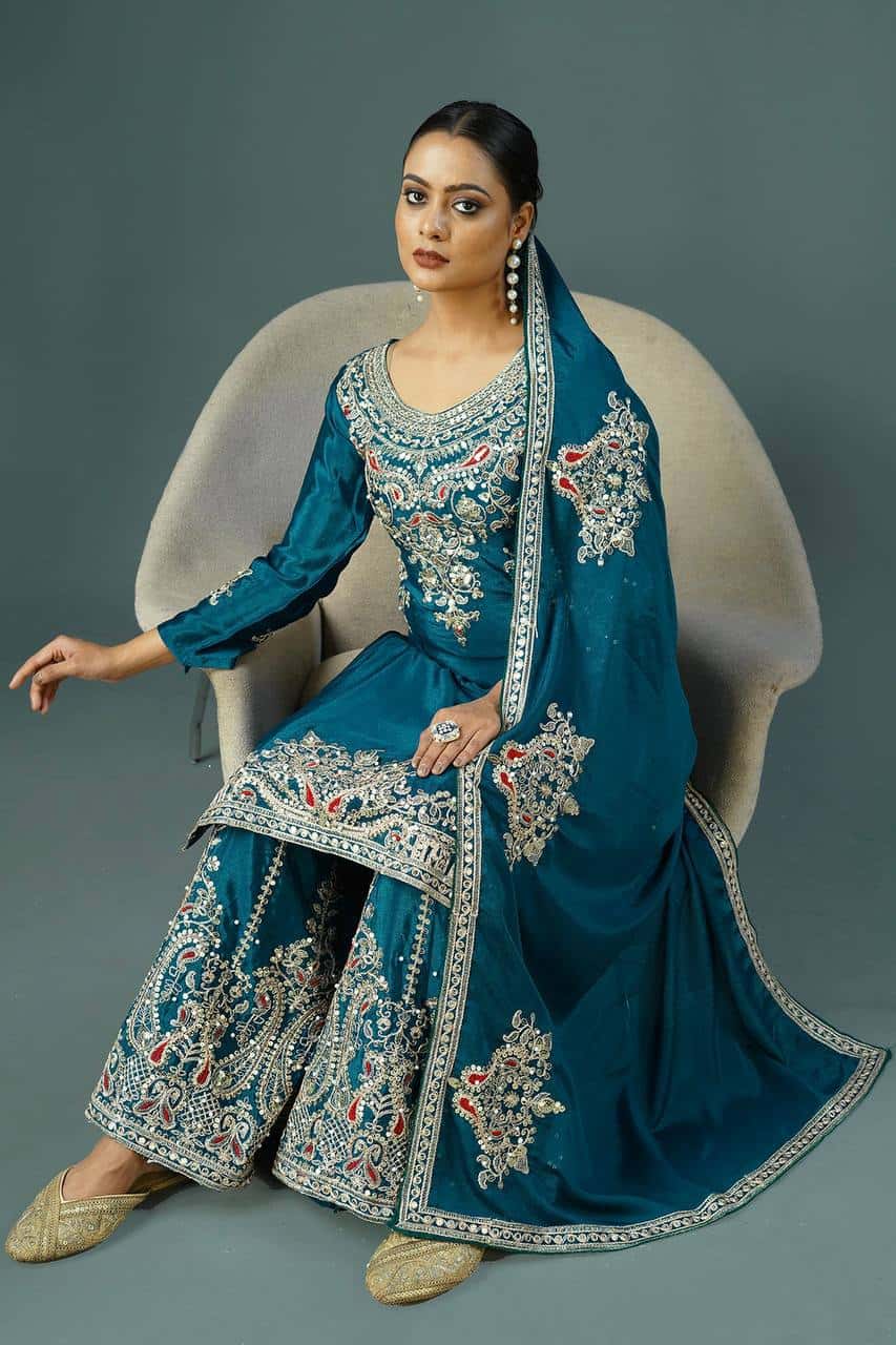 "Elegant Pure Chinnon Silk Embroidered Top, Plazzo & Dupatta Set"