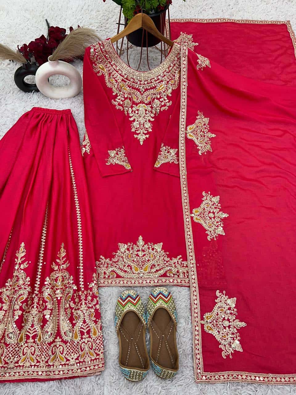 "Elegant Pure Chinnon Silk Embroidered Top, Plazzo & Dupatta Set"