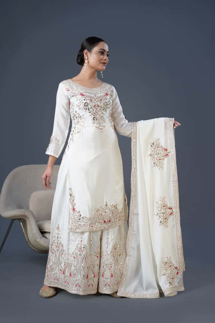 "Elegant Pure Chinnon Silk Embroidered Top, Plazzo & Dupatta Set"