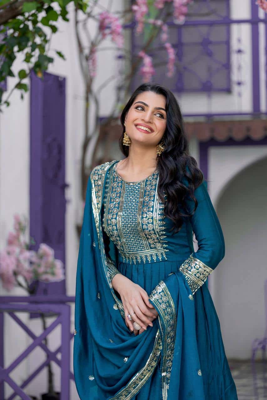 "Elegant Heavy Chinon Silk Top with Intricate 5mm Embroidery & Sequence Work, Complete with Dupatta"