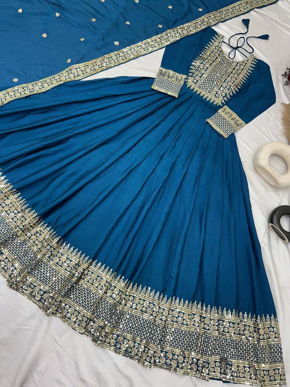 "Elegant Heavy Chinon Silk Top with Intricate 5mm Embroidery & Sequence Work, Complete with Dupatta"