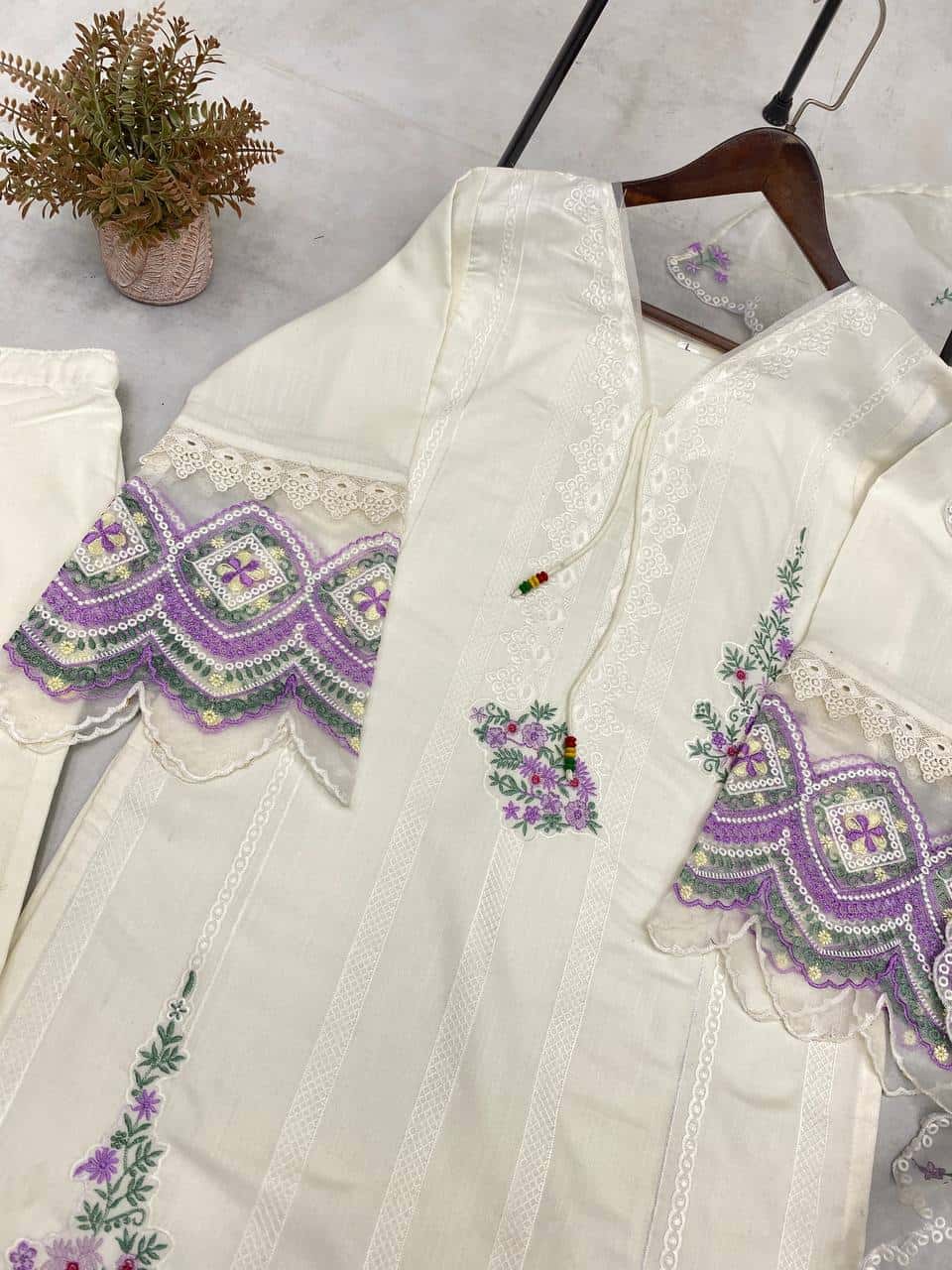 "Elegant Tesla Fabric Embroidered Top, Pant & Dupatta Set with Organza Details"