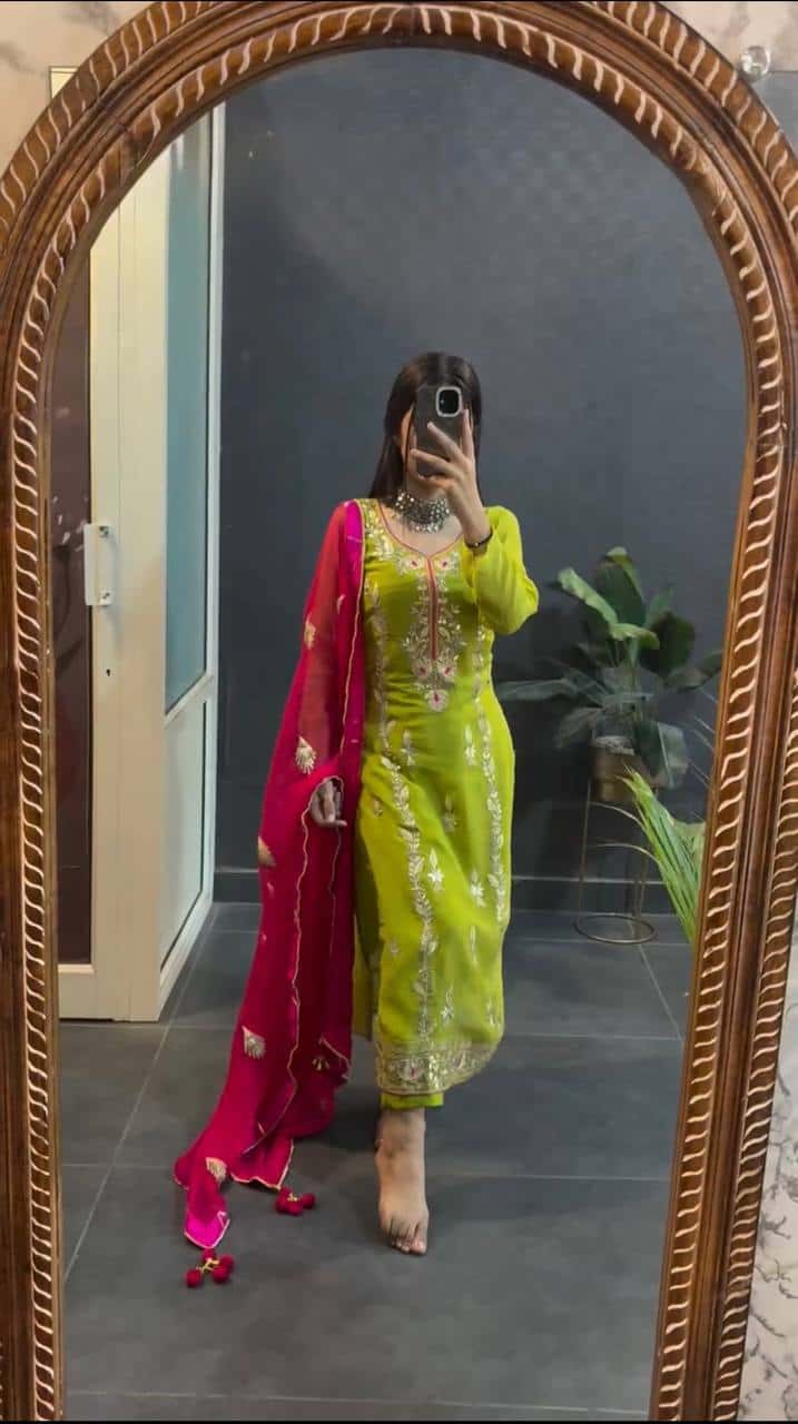 "Elegant Heavy Chinnon Silk Embroidered Set with Full Sleeves & Sequence Work"