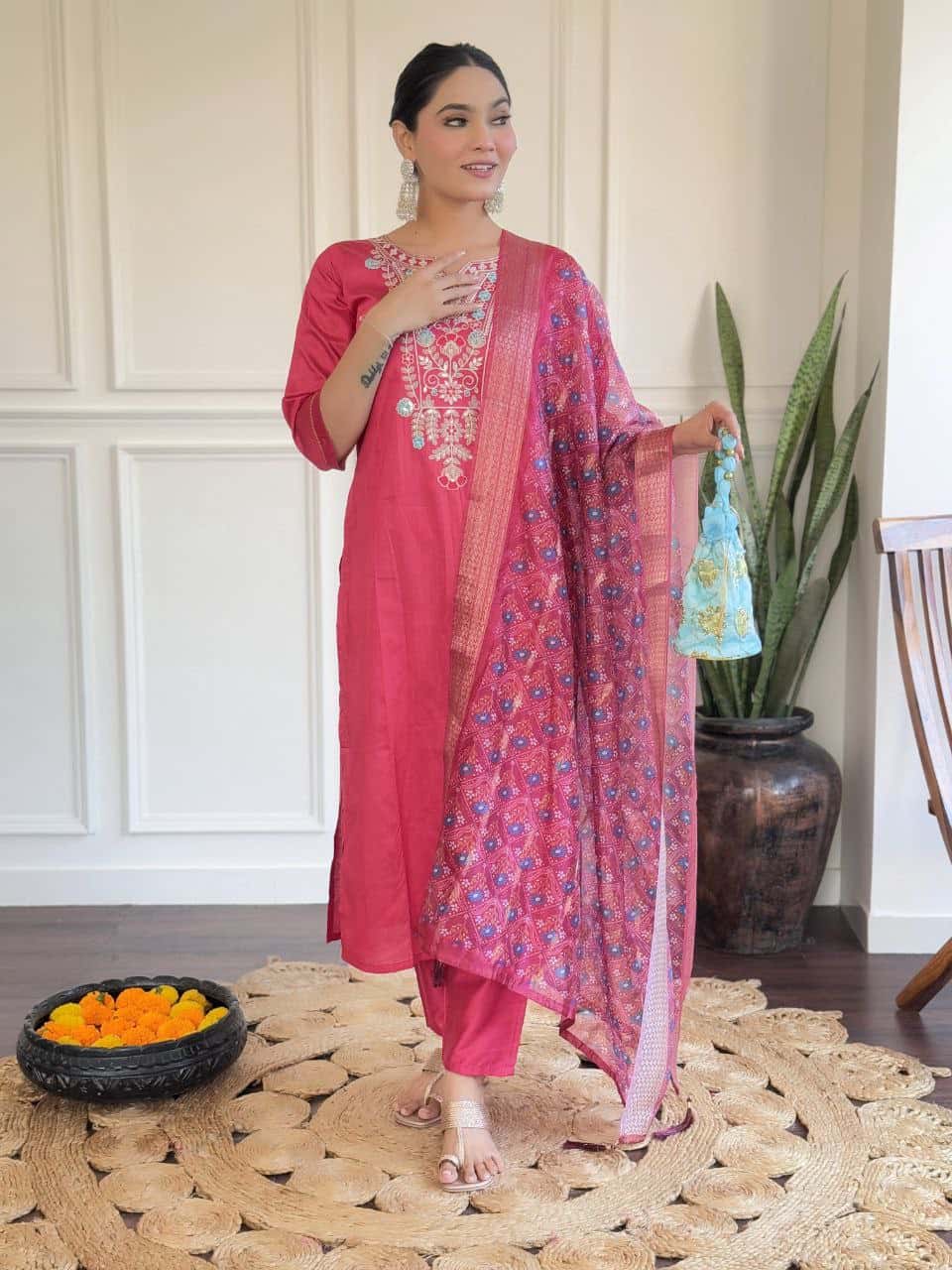 Elegant Viscose Rayon Kurti & Bottom with Sequence Embroidery and Jacquard Dupatta
