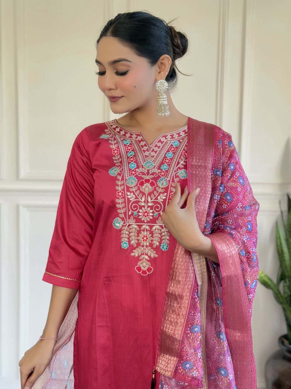 Elegant Viscose Rayon Kurti & Bottom with Sequence Embroidery and Jacquard Dupatta