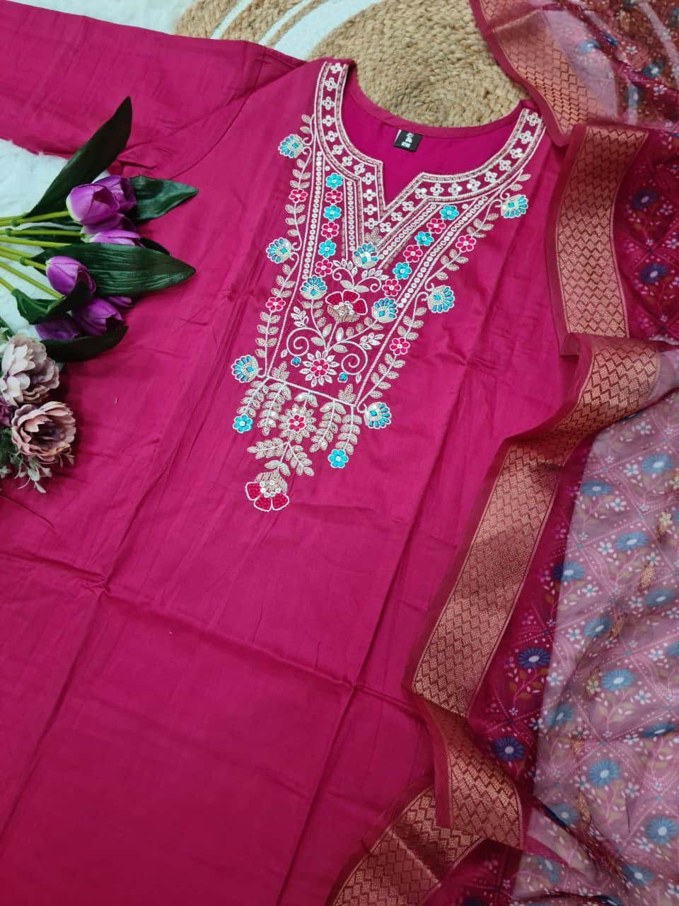 Elegant Viscose Rayon Kurti & Bottom with Sequence Embroidery and Jacquard Dupatta