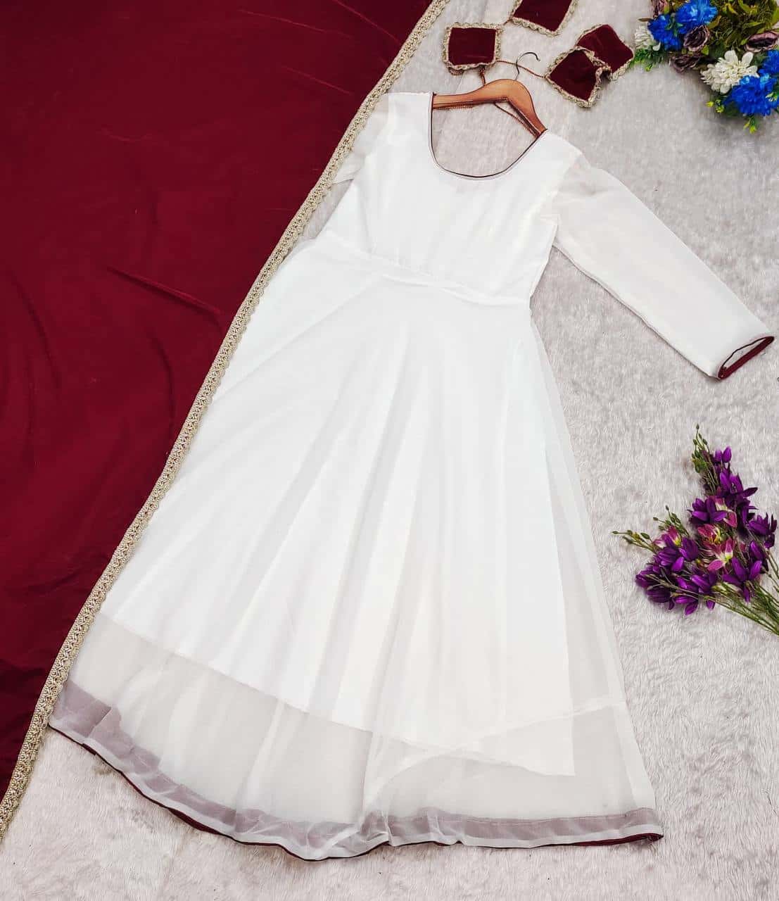 "Fox Georgette Dress with Velvet Dupatta – Elegant, Flowy & Detailed!"