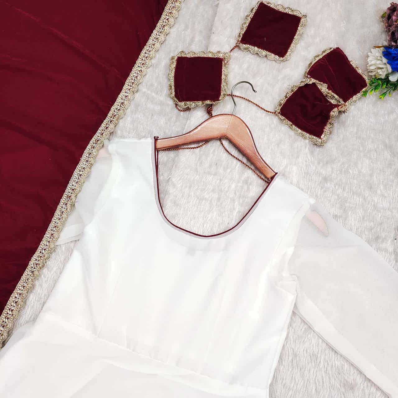 "Fox Georgette Dress with Velvet Dupatta – Elegant, Flowy & Detailed!"