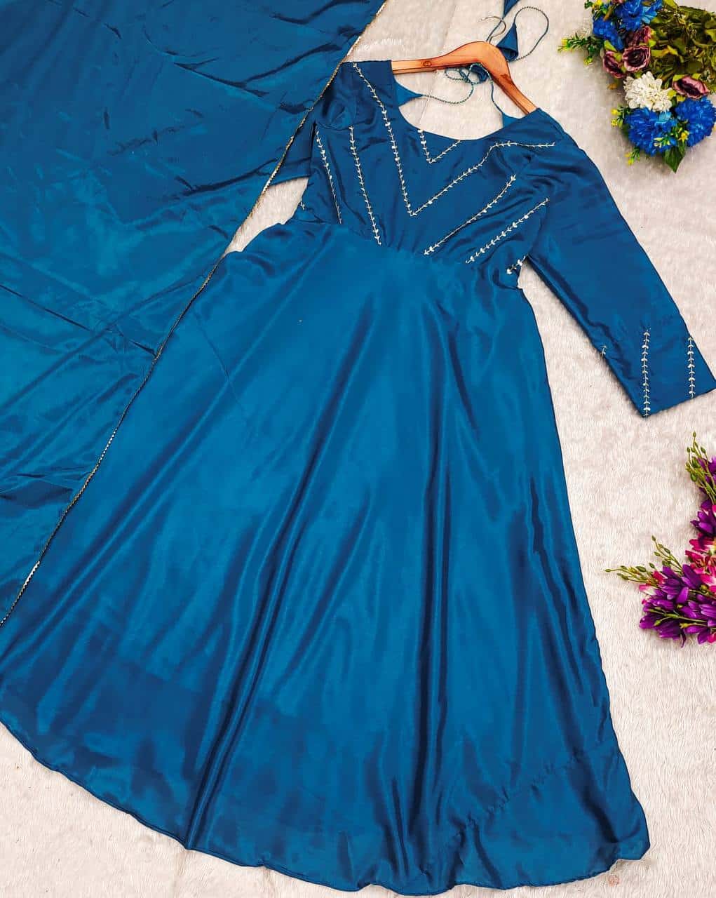 "Chinnon Silk Elegance: Embroidered Dress and Dupatta Set"