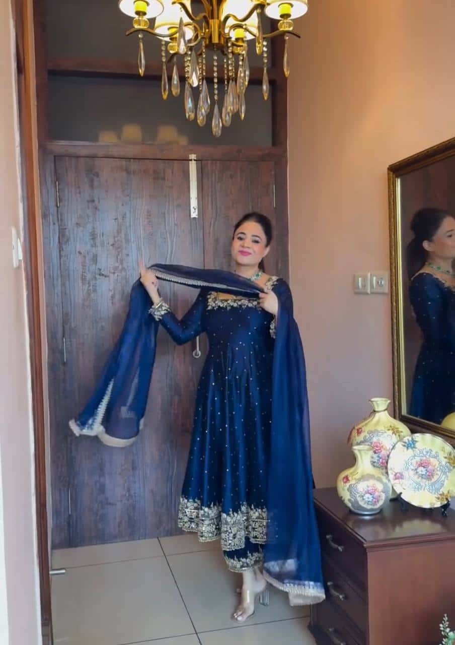 "Luxury Anarkali Gown Set with Vichitra Silk, Embroidered Sequence, Plazzo, and Designer Dupatta"