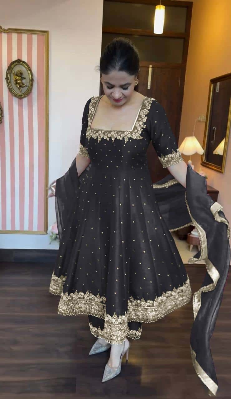"Luxury Anarkali Gown Set with Vichitra Silk, Embroidered Sequence, Plazzo, and Designer Dupatta"