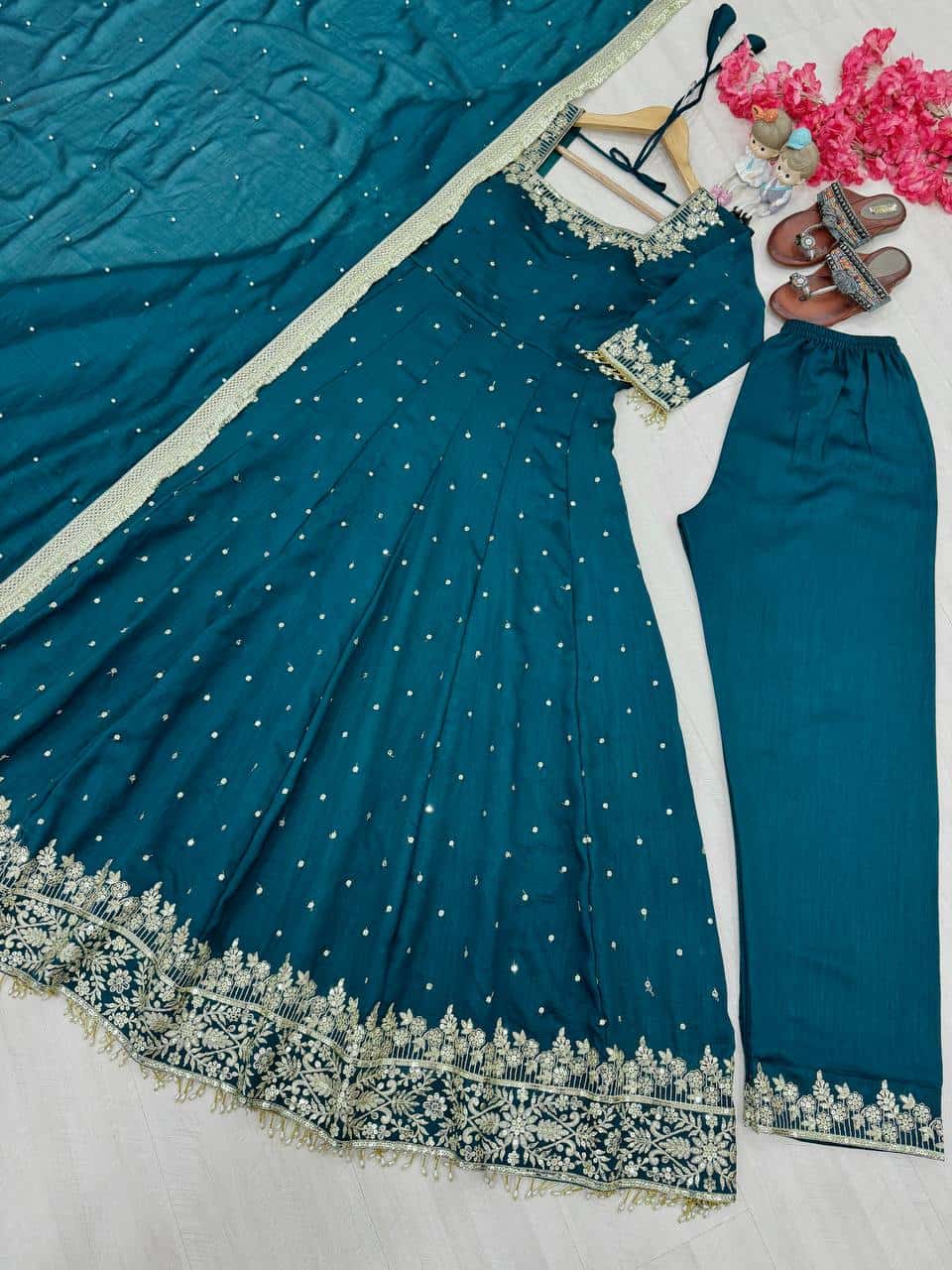 "Luxury Anarkali Gown Set with Vichitra Silk, Embroidered Sequence, Plazzo, and Designer Dupatta"