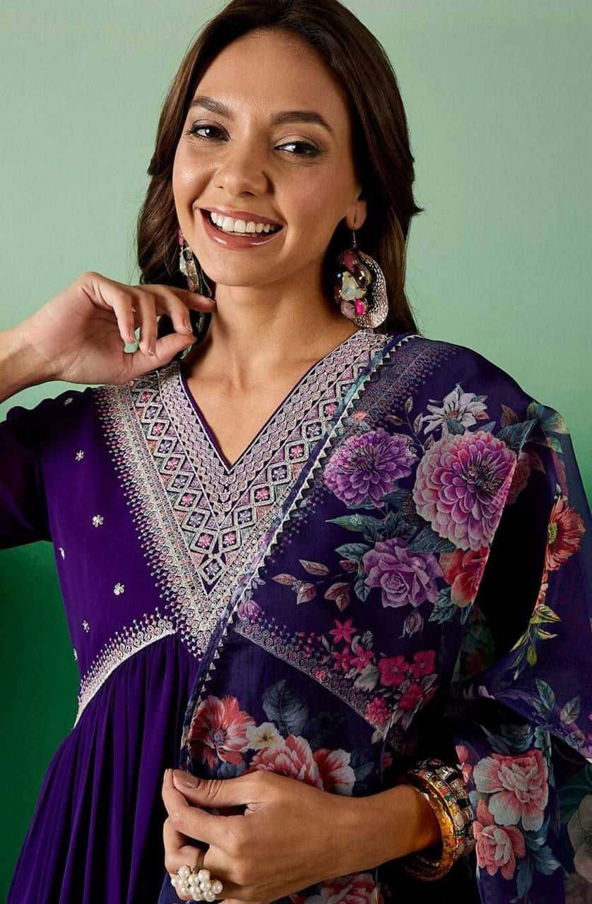 "Elegant Blooming Georgette Kurti Set with Sequence Embroidery & Printed Dupatta"