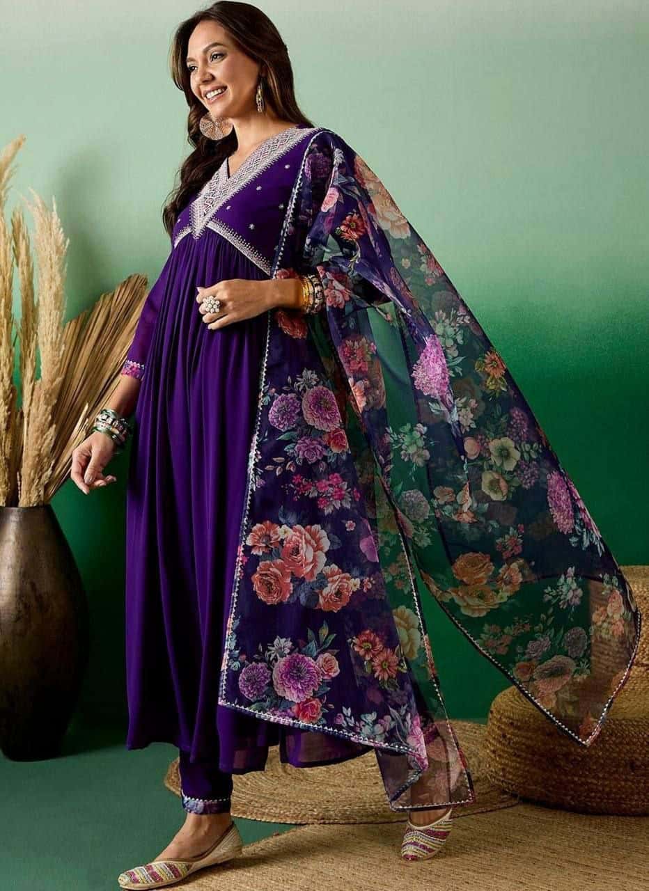 "Elegant Blooming Georgette Kurti Set with Sequence Embroidery & Printed Dupatta"