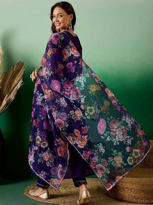 "Elegant Blooming Georgette Kurti Set with Sequence Embroidery & Printed Dupatta"