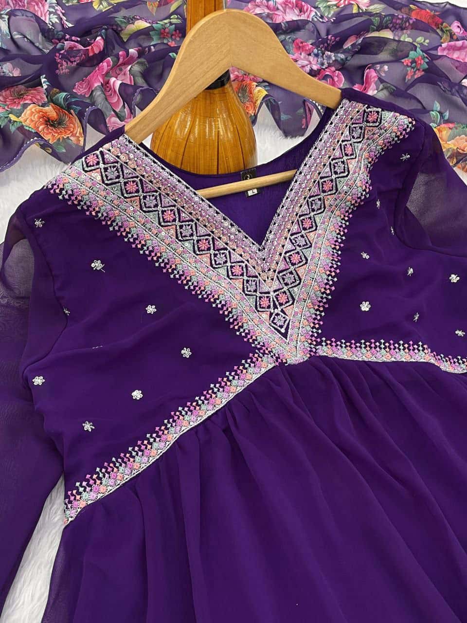 "Elegant Blooming Georgette Kurti Set with Sequence Embroidery & Printed Dupatta"