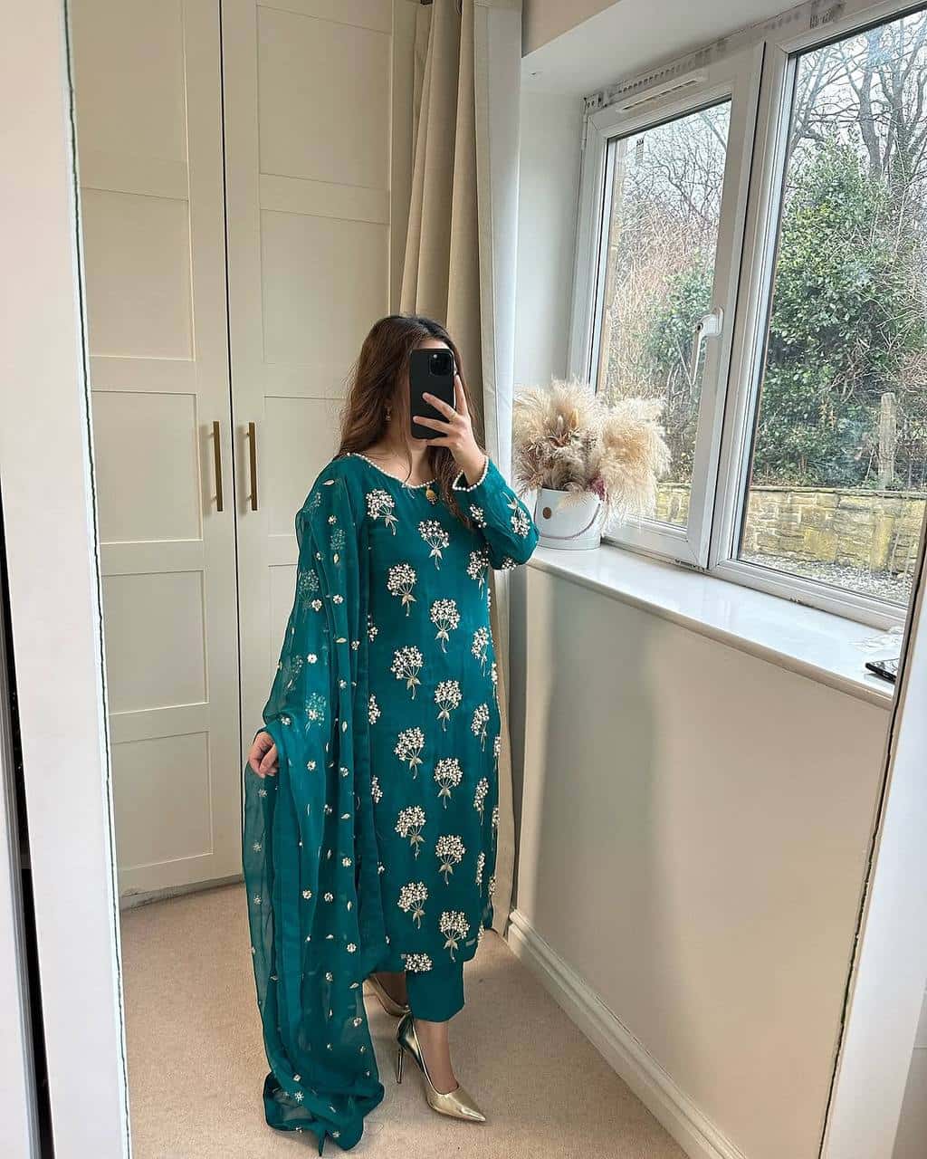 "Heavy Chinon Embroidered Long Top with Stitched Pant & Dupatta Set"
