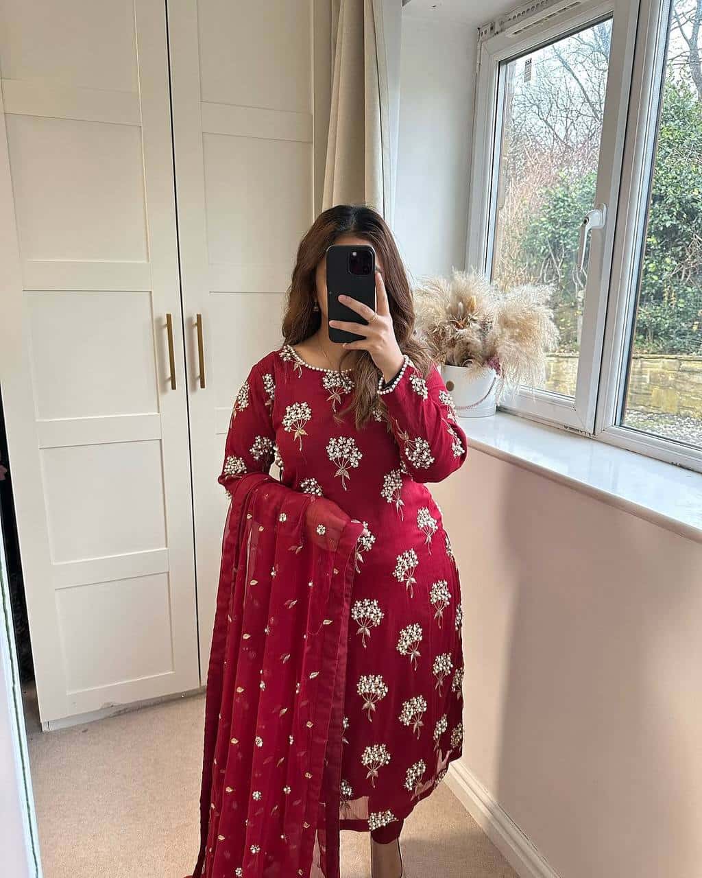 "Heavy Chinon Embroidered Long Top with Stitched Pant & Dupatta Set"