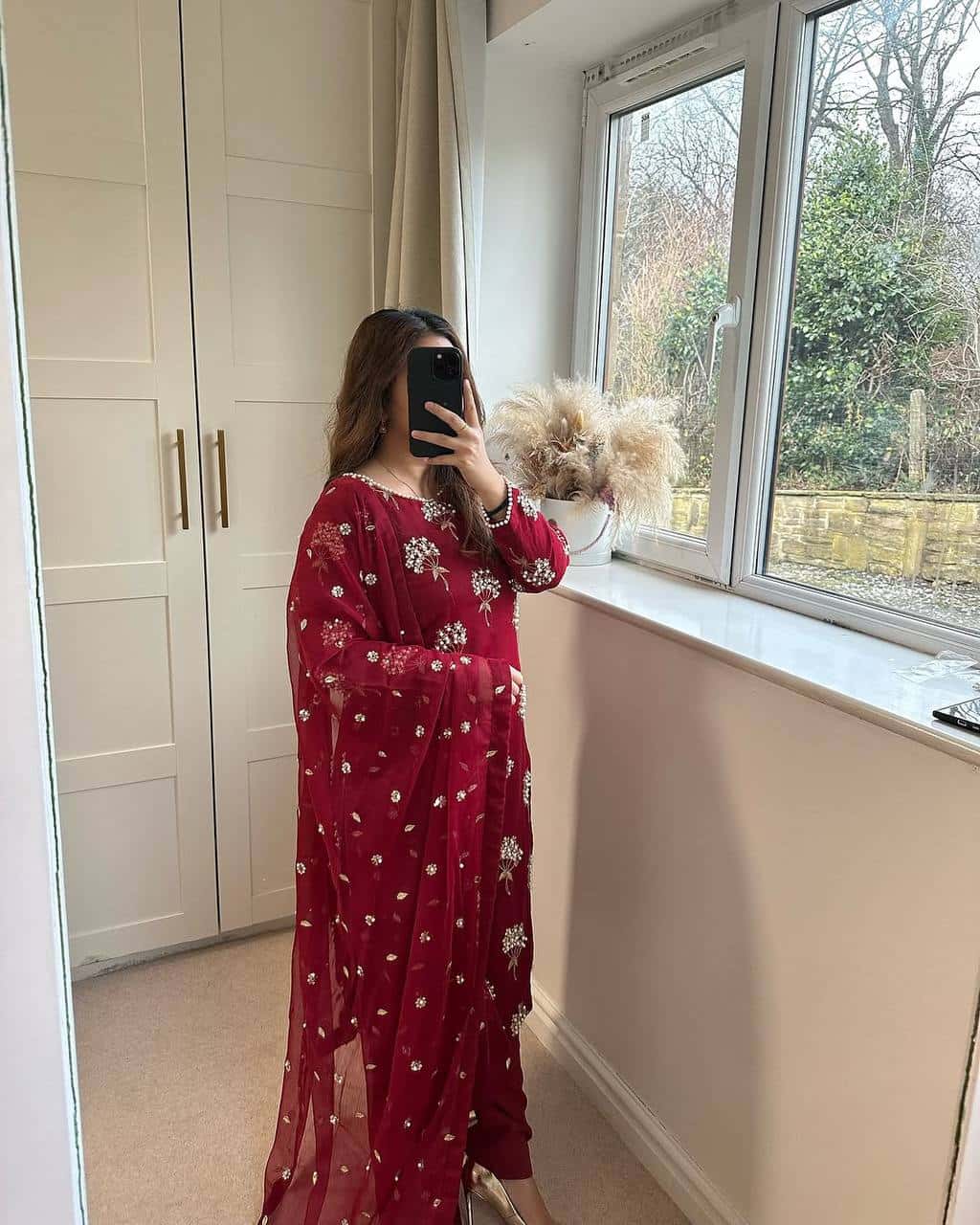 "Heavy Chinon Embroidered Long Top with Stitched Pant & Dupatta Set"
