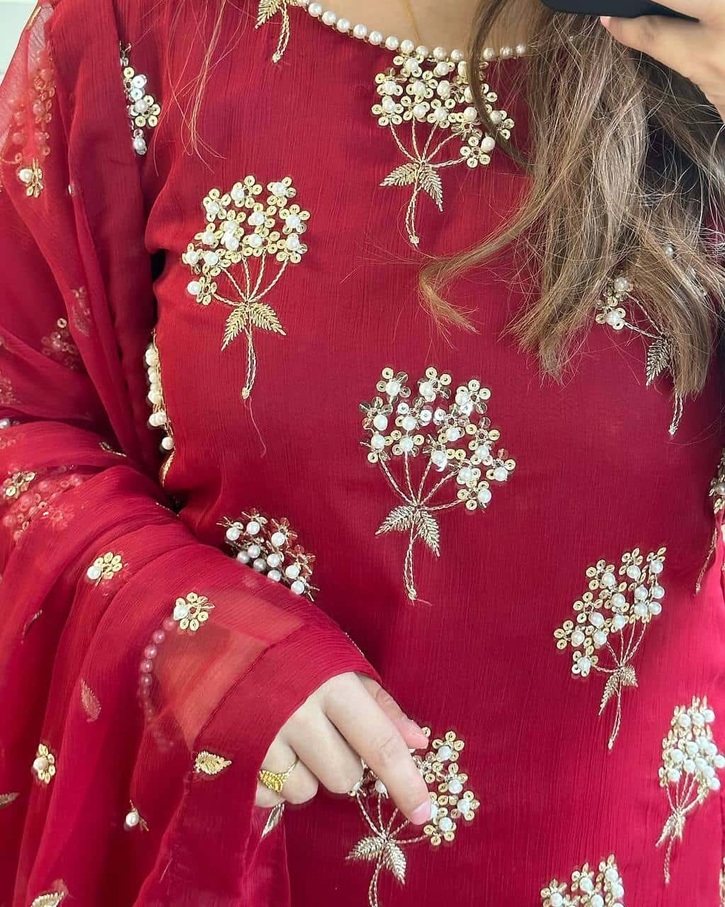 "Heavy Chinon Embroidered Long Top with Stitched Pant & Dupatta Set"