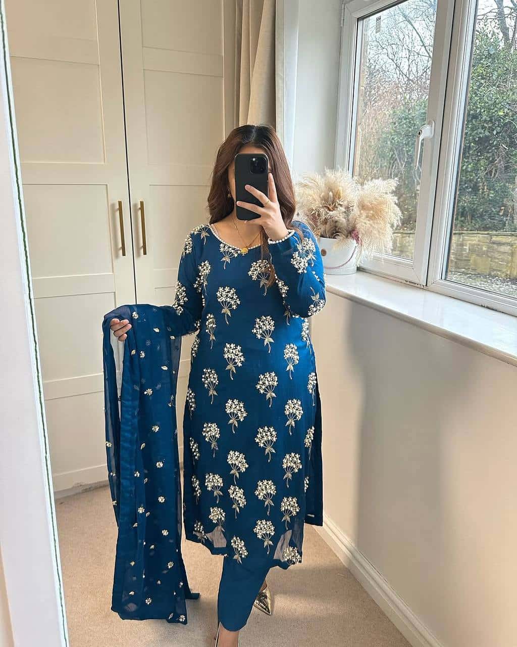"Heavy Chinon Embroidered Long Top with Stitched Pant & Dupatta Set"