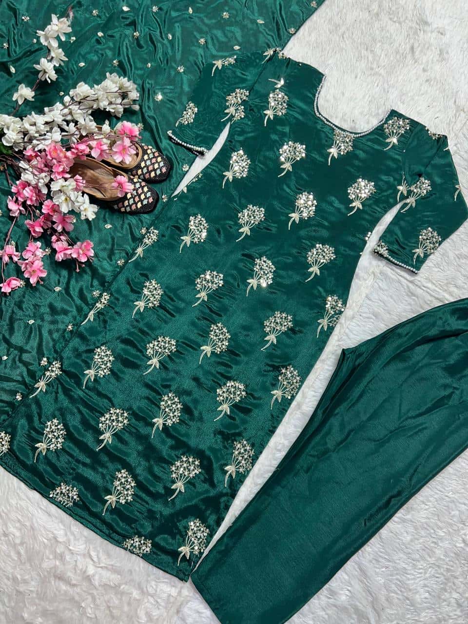 "Heavy Chinon Embroidered Long Top with Stitched Pant & Dupatta Set"