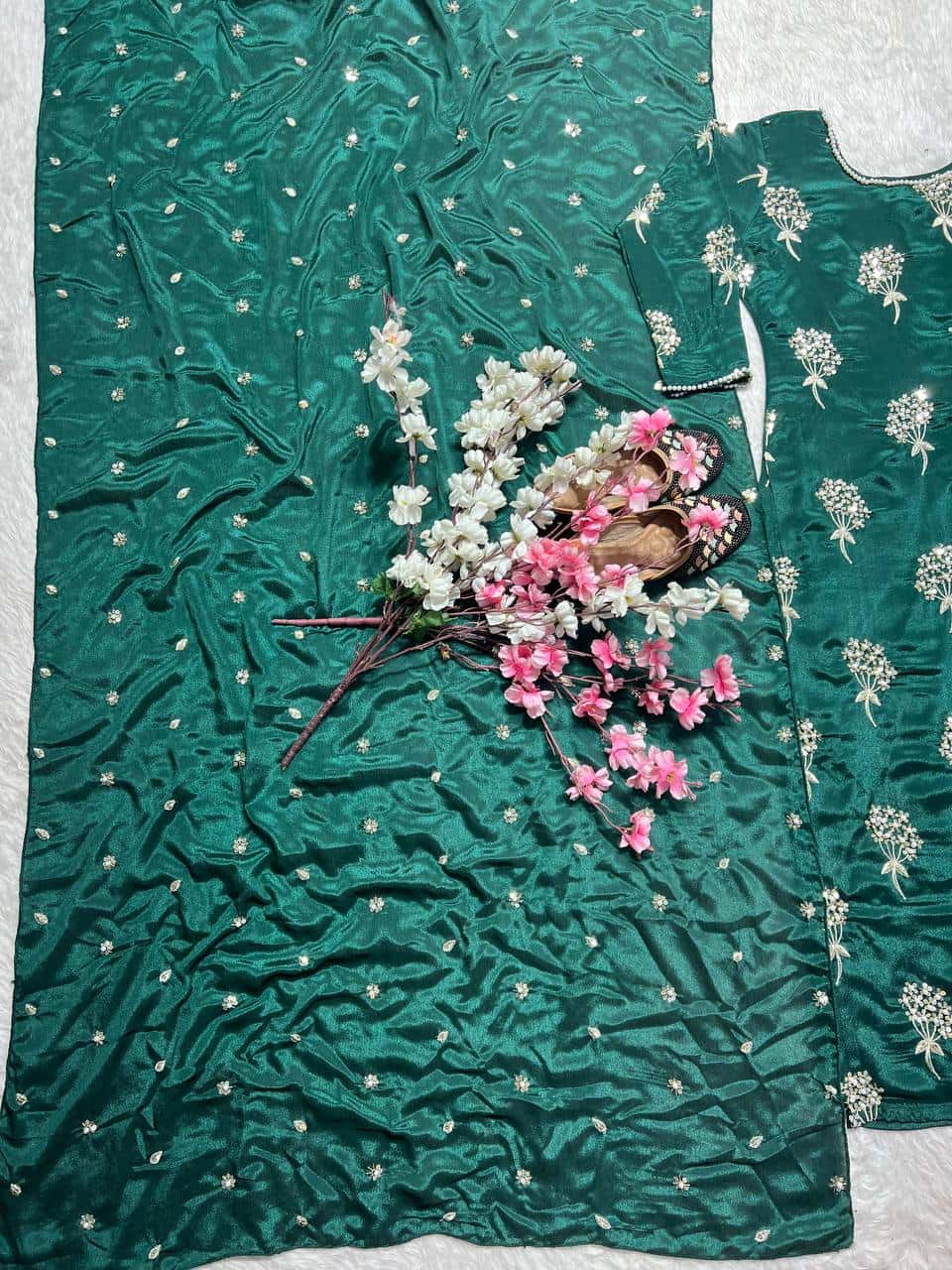 "Heavy Chinon Embroidered Long Top with Stitched Pant & Dupatta Set"
