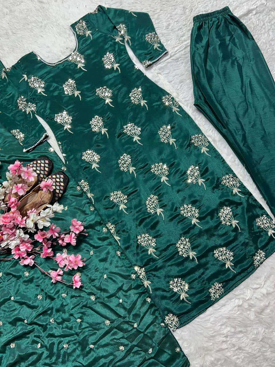 "Heavy Chinon Embroidered Long Top with Stitched Pant & Dupatta Set"