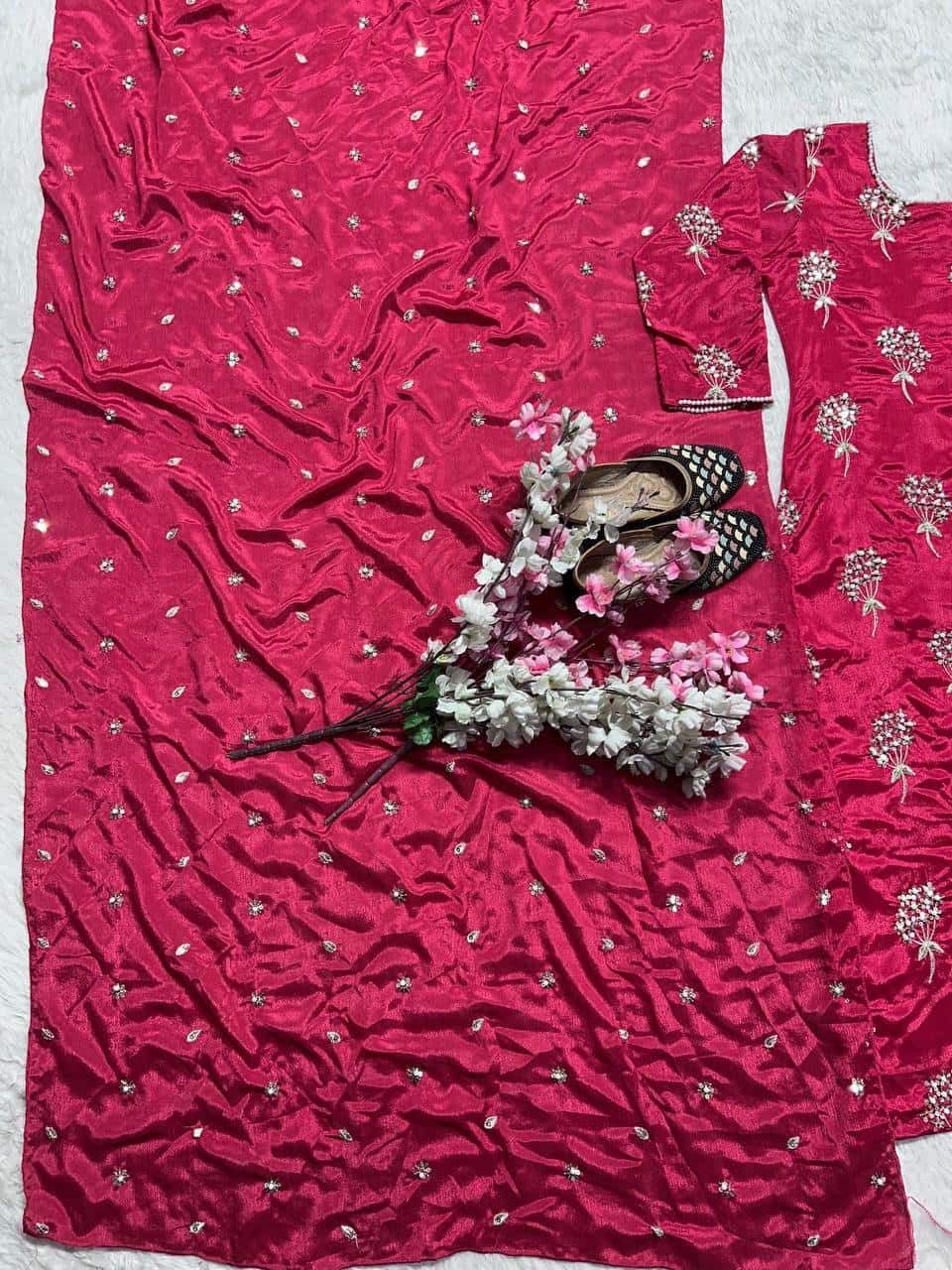 "Heavy Chinon Embroidered Long Top with Stitched Pant & Dupatta Set"