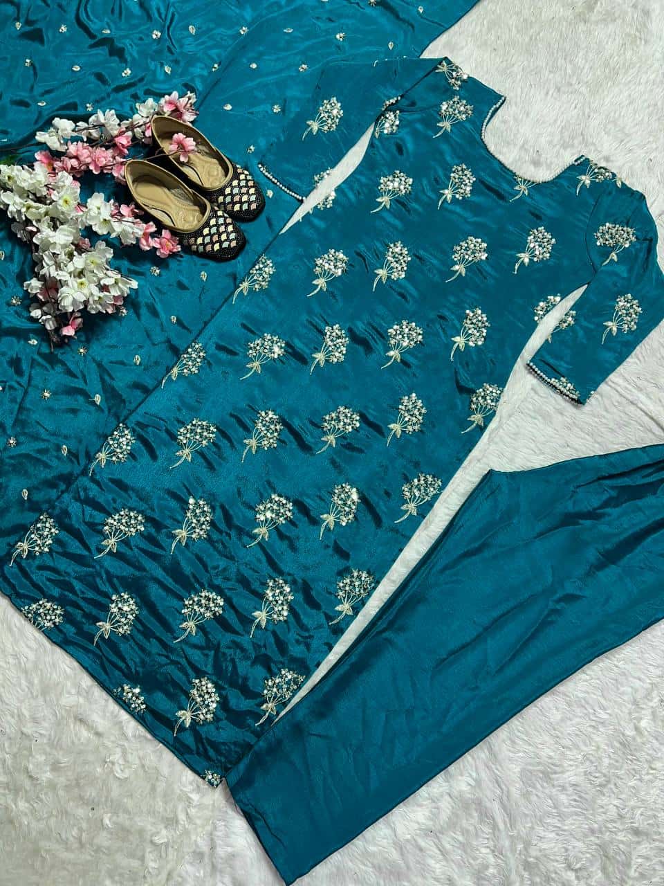 "Heavy Chinon Embroidered Long Top with Stitched Pant & Dupatta Set"