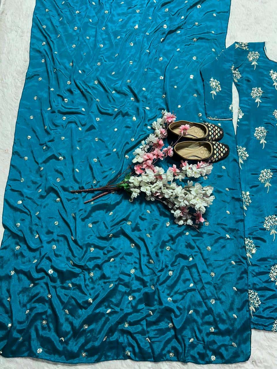 "Heavy Chinon Embroidered Long Top with Stitched Pant & Dupatta Set"