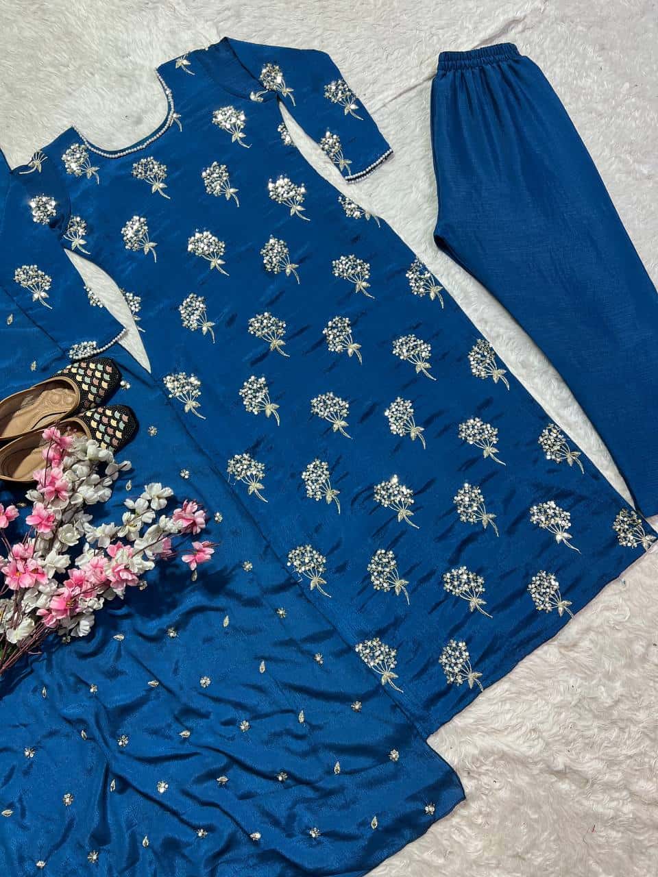 "Heavy Chinon Embroidered Long Top with Stitched Pant & Dupatta Set"