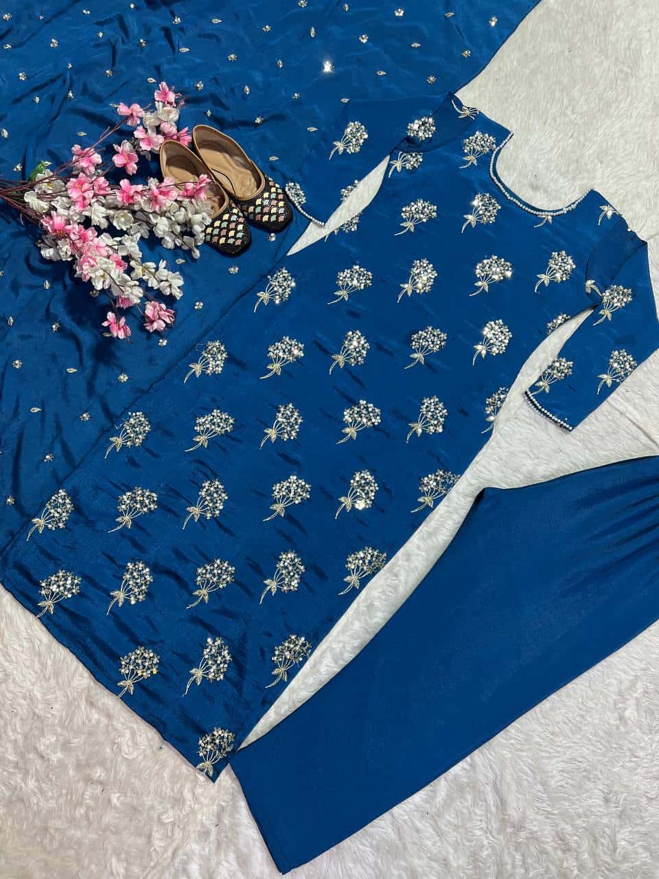 "Heavy Chinon Embroidered Long Top with Stitched Pant & Dupatta Set"