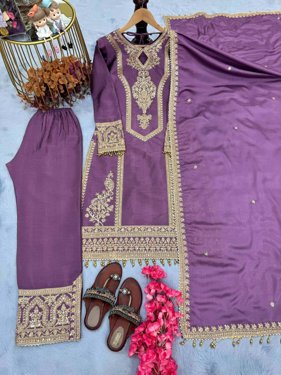 "Elegant Heavy Chinon Silk Embroidered Suit Set with Sequins, Dori Work & Fancy Latkan"