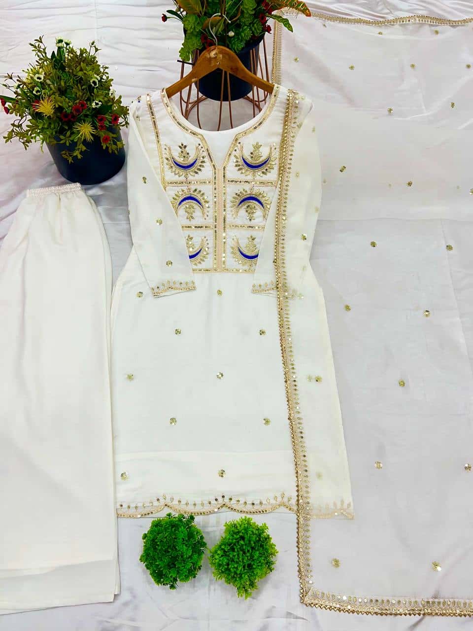 "Elegant Heavy Vichitra Silk Set with Embroidered Sequence Work – Fully Stitched Top, Bottom & Dupatta"