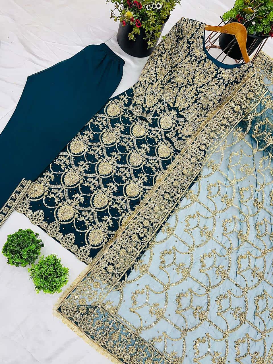 "Heavy Faux Georgette Embroidered Top, Pant & Dupatta Set – Fully Stitched"