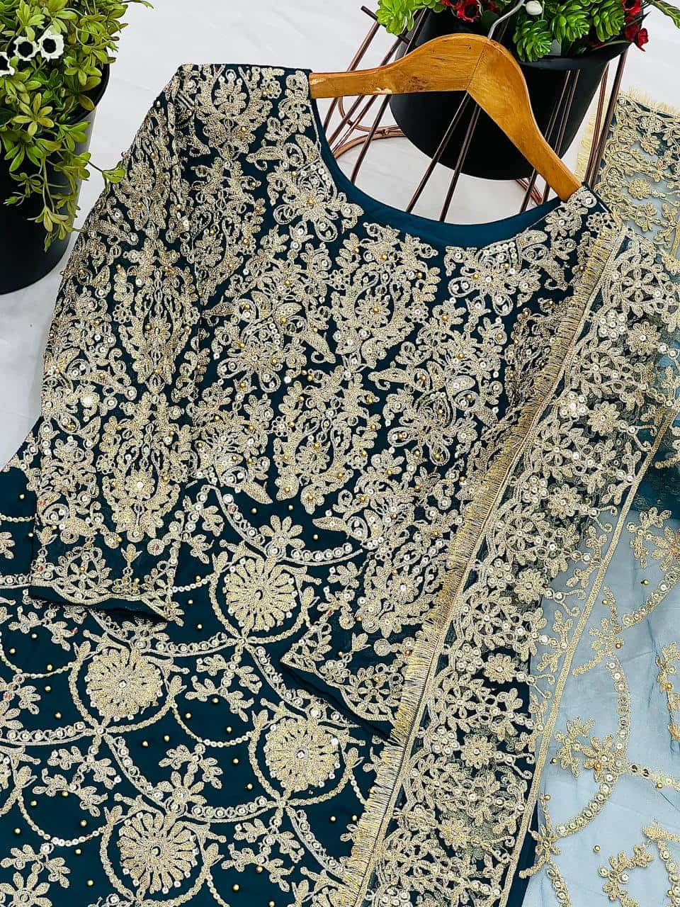 "Heavy Faux Georgette Embroidered Top, Pant & Dupatta Set – Fully Stitched"